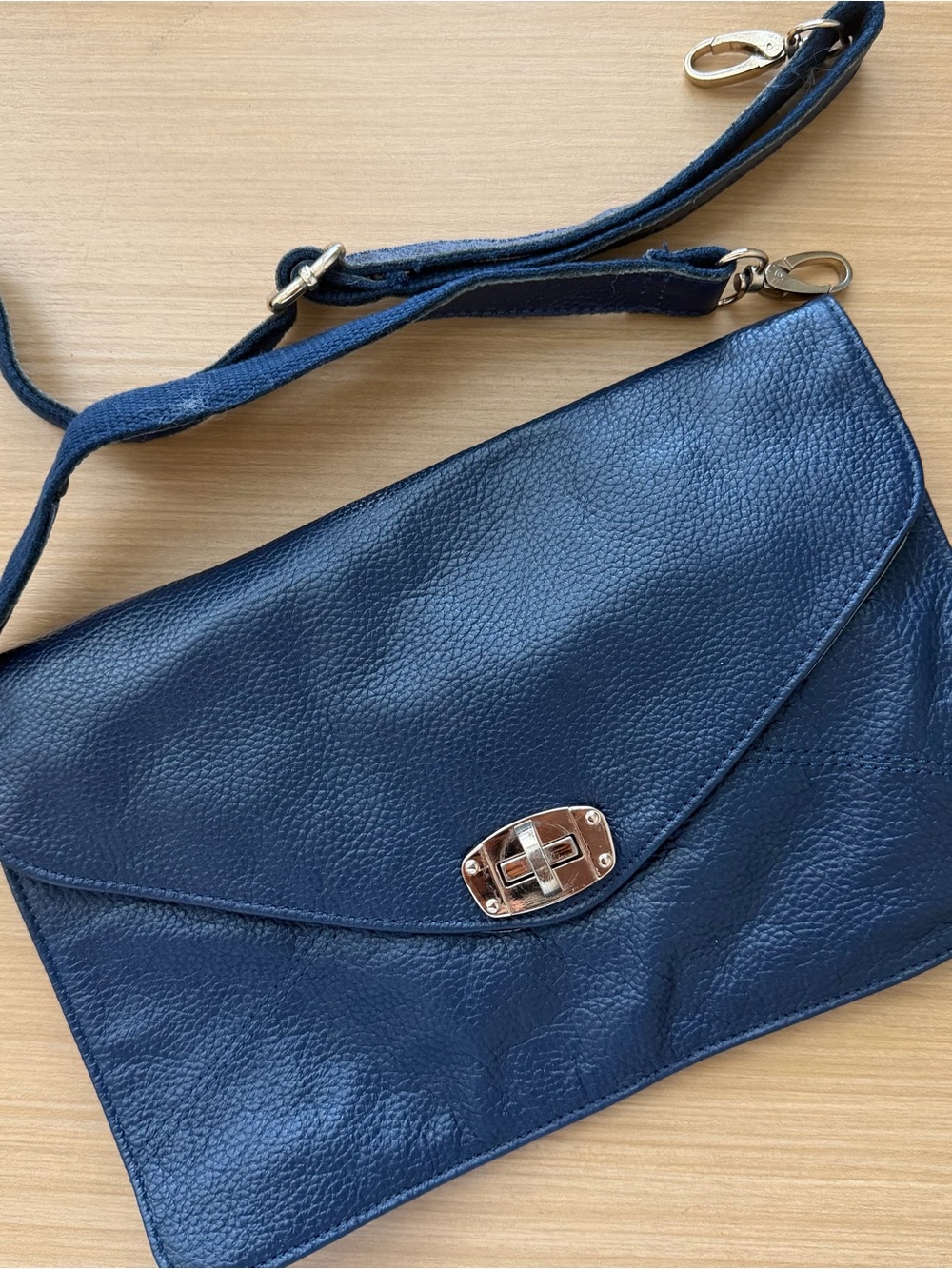 Navy Genuine Leather Envelope Crossbody Bag Removable Strap Convertible Clutch